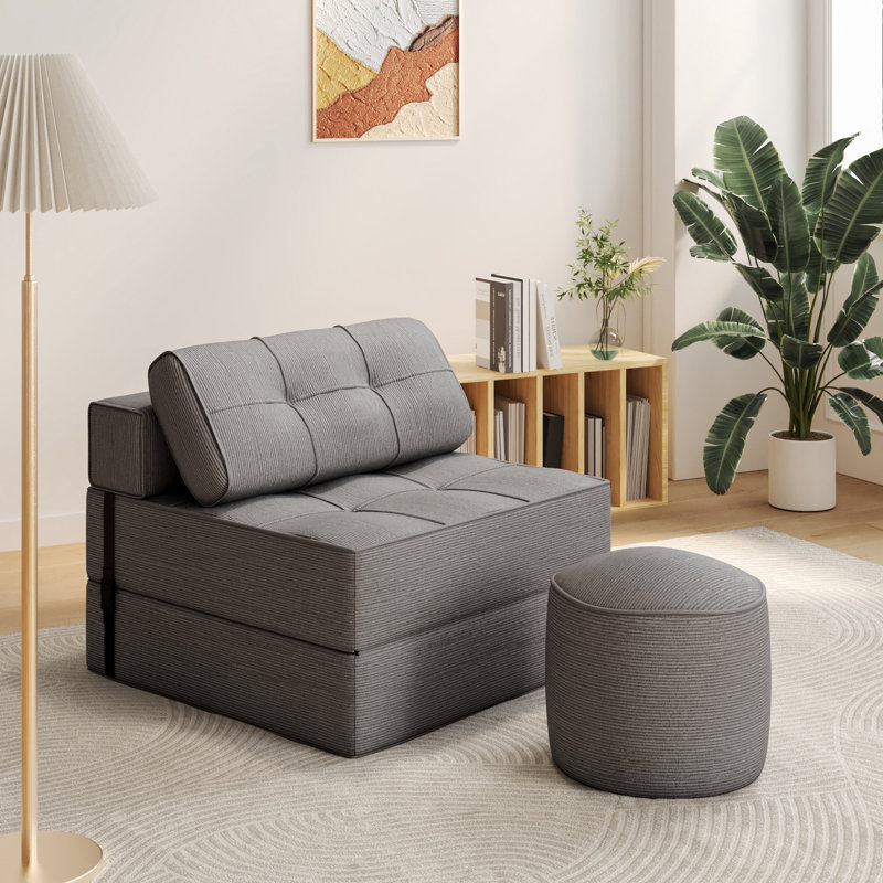 Folding Sofa Bed with Round Ottoman Set, Convertible Sofa Bed with High-Density Support Foam, Portable 3 in 1 Fold Out Chair to Floor Lounger, Versatile Floor Couch with Stool for Living Room