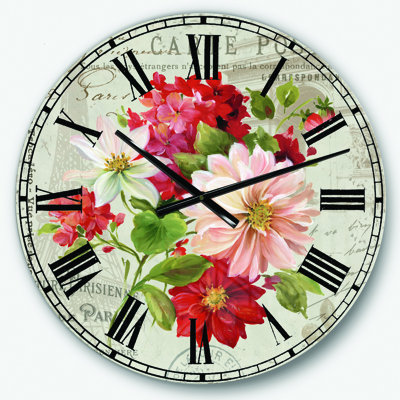 Horloge murale rouge - Fleurs peintes rouges sur une carte postale II