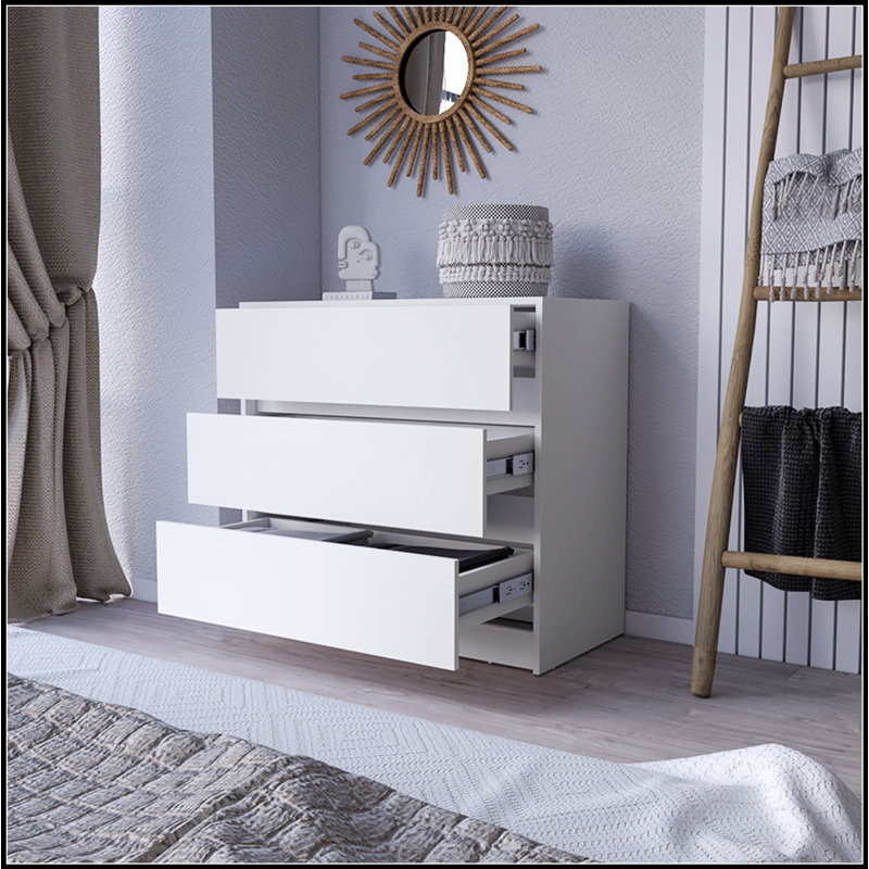 Commode moderne à trois tiroirs avec une construction durable et un rangement spacieux pour les bijoux, les vêtements et les accessoires