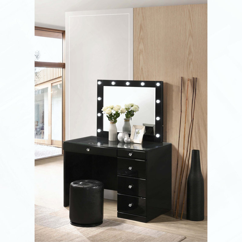 Coiffeuse avec plateau en verre, 5 tiroirs et boutons en cristal Glam, Noir