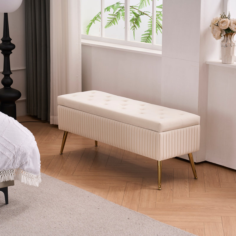 Banc de rangement en velours de 46 po de largeur pour le lit de la chambre à coucher dans le salon de la fenêtre du lit