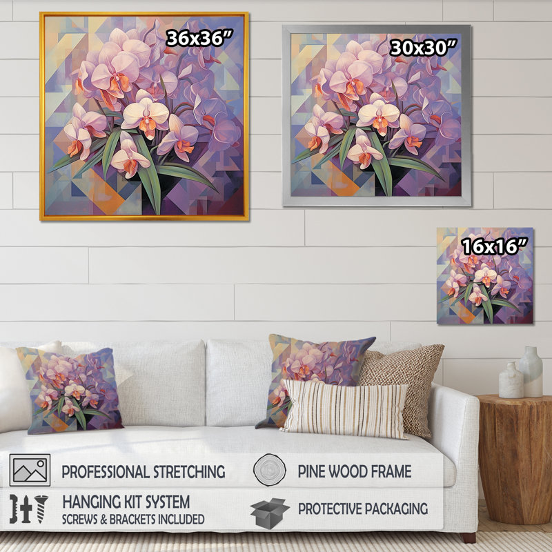 Élégante géométrie, bouquet mauve sur toile, Cadre naturel flottant, H 16 po x l 16 po x P 1 po