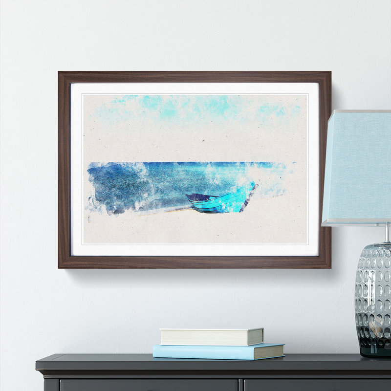 Blue Boat upon the Beach - Picture Frame Graphic Art Print, Walnut Framed, 40cm H x 60cm W x 2cm D