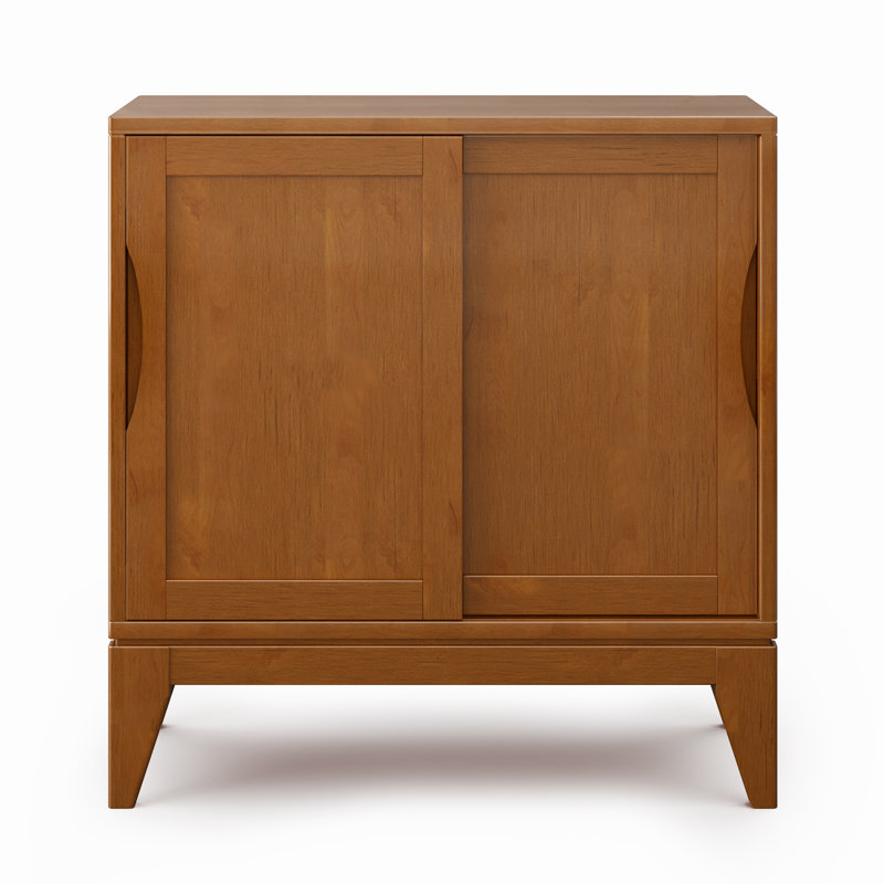 Harper 30"W Solid Hardwood Mid-Century Modern Low Storage Cabinet With Sliding Doors, Teak Brown