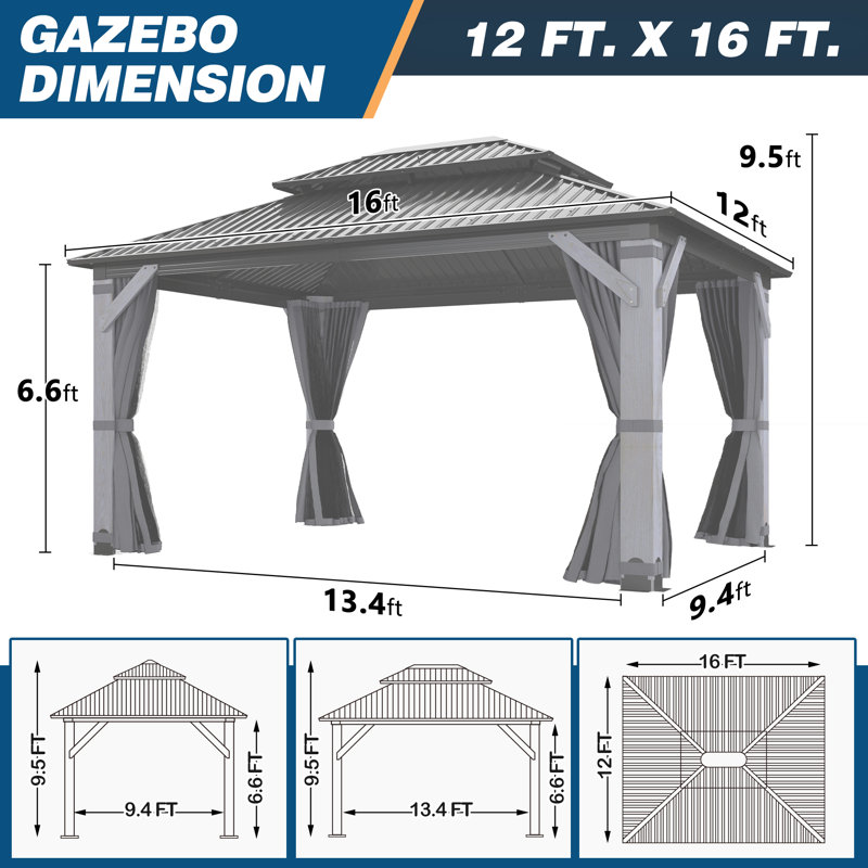 Gartoo 12 ft. W x 16 ft. D Outdoor Wood Gazebo, Hardtop Gazebo Permanent Cedar Wooden Gazebo with Galvanized Steel Double Roof, for Patio, Garden, Deck