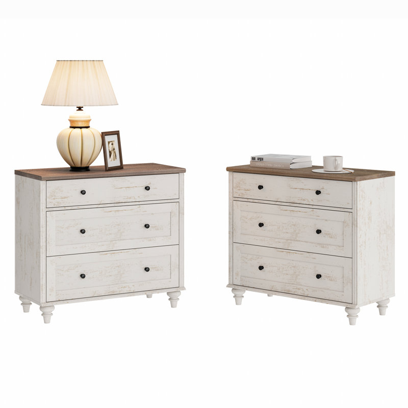 Scarlett Mid-Century Modern 3-Drawer Nightstand, Rustic White/Brown, Set of 2