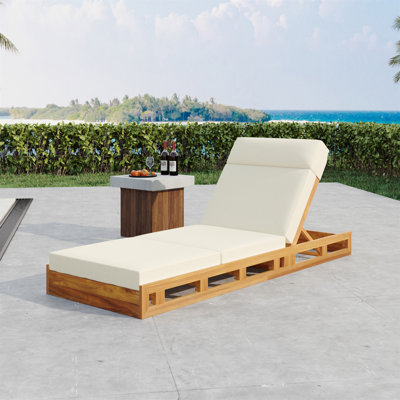 LOUNGE CHAISE SET WITH HEADREST, ACACIA WOOD WITH WATER-RESISTANT LOUNGE CUSHIONS (BEIGE & 3-FOLD & 4 Inch) - MATCHING DARK GREY/CREAM VERSION AVAILABLE
