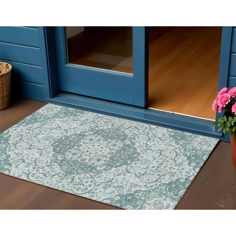 Tapis intérieur / extérieur 3 pi x 5 pi bleu sarcelle et ivoire lavable