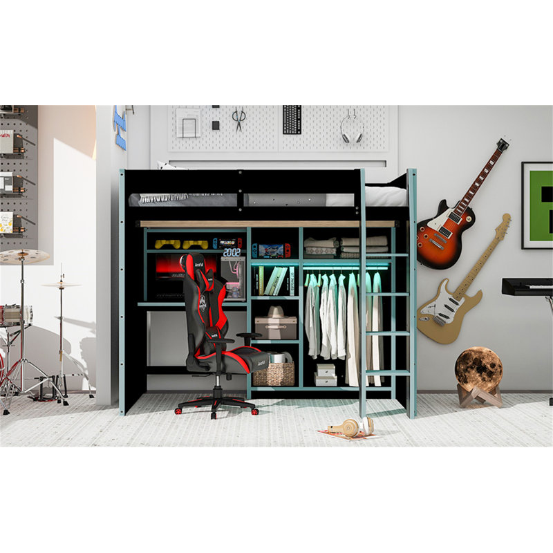 Lit mezzanine en bois avec bureau, Bleu