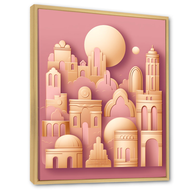 Oriental City en or rose rétro, H 40 po x l 30 po, Cadre naturel flottant