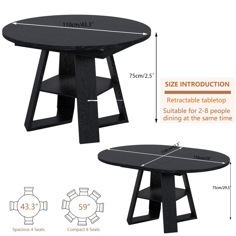 Table de salle à manger extensible ronde 43,3 "à 59" pour 2 à 8 personnes avec rangement, Noir