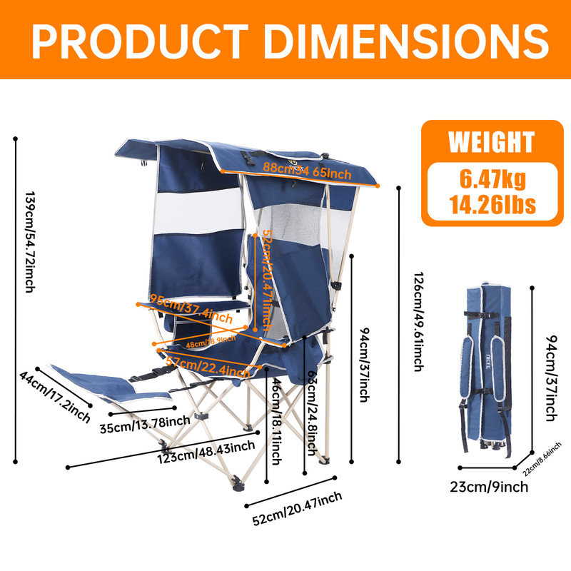 Outdoor Camping Chair with Canopy & 30W Solar Panel, Portable Camping, Beach & Sports Chair with Removable Footrest (Blue 2-Pack)