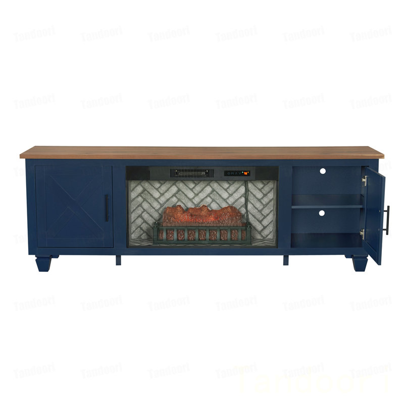 Console média avec foyer électrique bleu, foyer à effet braise, tablettes réglables, trous de cordon, grille à bûches