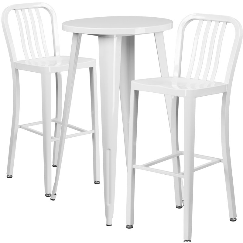 Ensemble de tables de bar rondes d'intérieur / extérieur en métal 30 po Drumfane avec 2 tabourets verticaux à dossier à lattes
