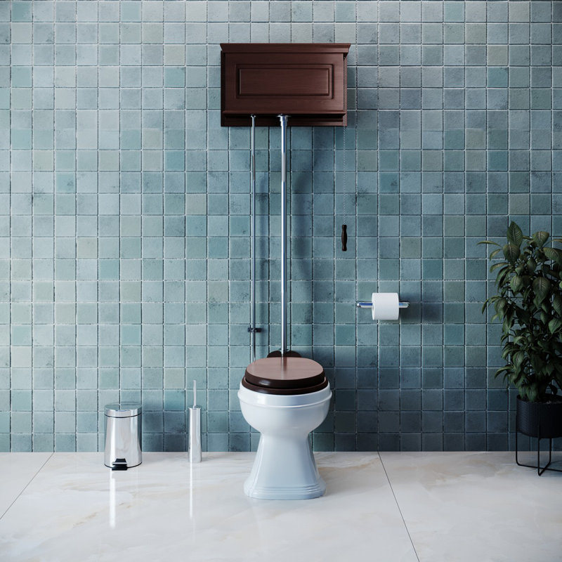Dark Oak High Tank Pull Chain Toilet with Round Bowl and Satin Z Pipe, Dark Oak/Satin