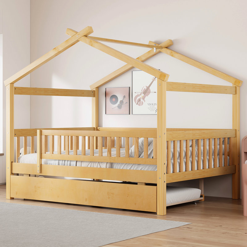 Lit double en bois avec lit gigogne simple, Naturel