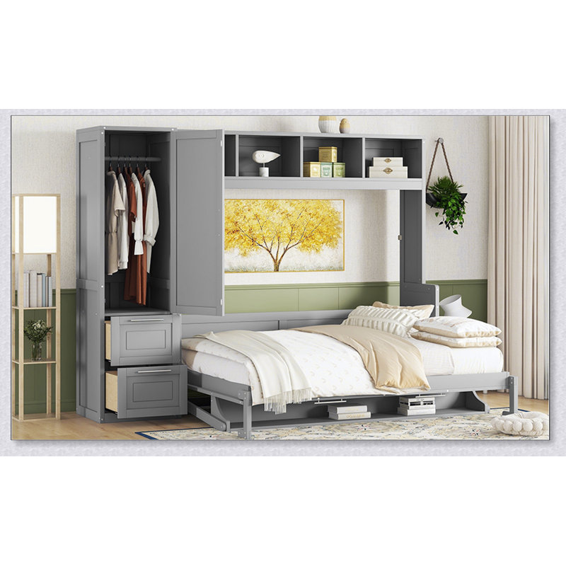 Lit escamotable Murphy avec placard et tiroirs, Gris, Queen
