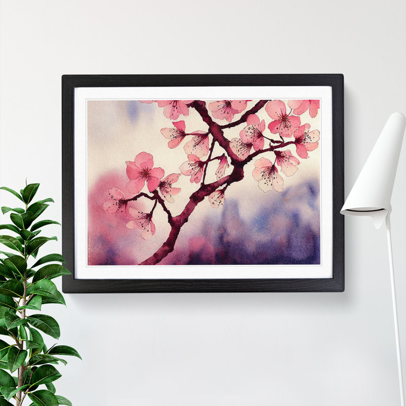 Cherry Blossom Flower Watercolour Vol.3 - Single Picture Frame Painting, Black, 34cm H x 46cm W x 2cm D