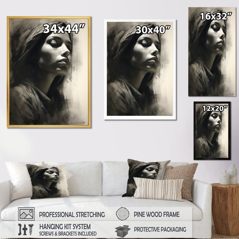 «Charcoal Chronicles Woman Portrait I», reproduction, Cadre doré simple, H 40 po x l 30 po x P 1,5 po