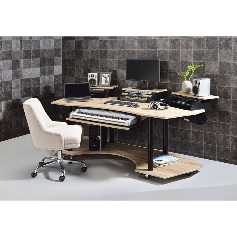Mercorr Music Studio Desk Eleazar Music Recording Studio Desk Knee, 37'' H x 83'' W x 40'' D, Natural Oak