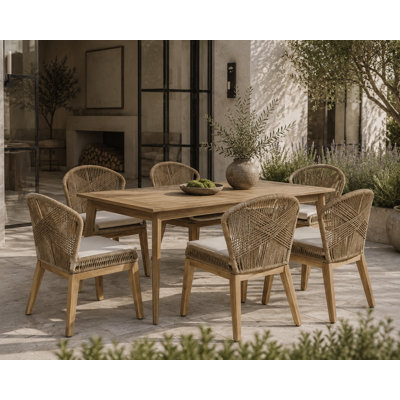 Ensemble repas d'extérieur en bois d'acacia pour 6 personnes avec coussins 7 pièces Daveney - Table de patio rectangulaire avec chaises tissées et trou pour parasol - Beige