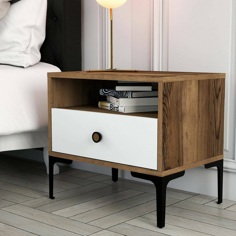 Aliyanah 56cm W Manufactured Wood Bedside Table, Walnut/White
