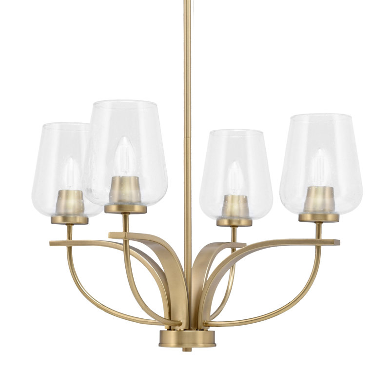 Unia 4 Light, Uplight, Chandelier Shown In New Age Brass Finish With 5" Clear Bubble Glass