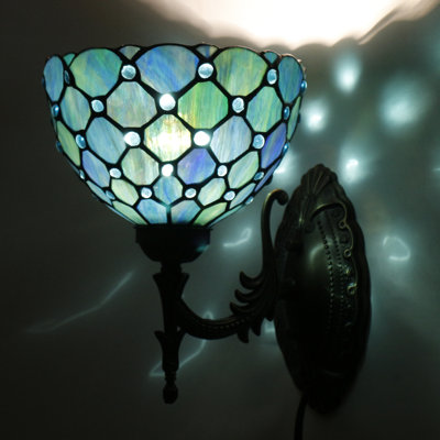 Tiffany Wall Sconce Lamp Stained Glass 8X10.5X11 Inch Plug in Wall Bedside Light for Hallway Bedroom (Sea Blue Pearl Style)
