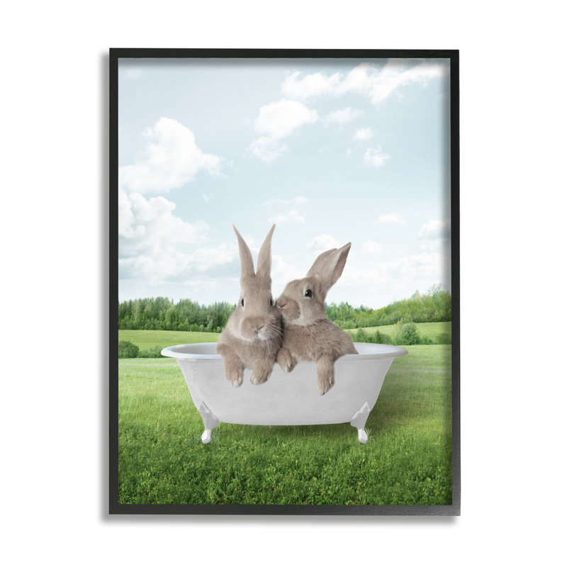 «Bunnies In Tub Landscape», art giclée encadré par lettré et doublé, Giclée encadrée noir minuit