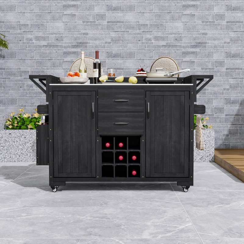 Îlot de cuisine extérieur avec 2 tiroirs, support à vin et armoire, Noir