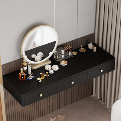 Farana 47“ Wall-Mounted Floating Shelf Vanity with 3 Drawers, Black Glass