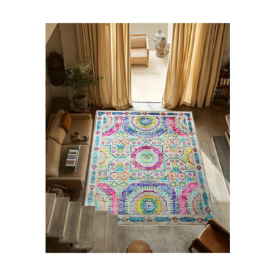 Multi Colour Floral and Geometric Pattern Modern Decorative Machine Washable Area Rug