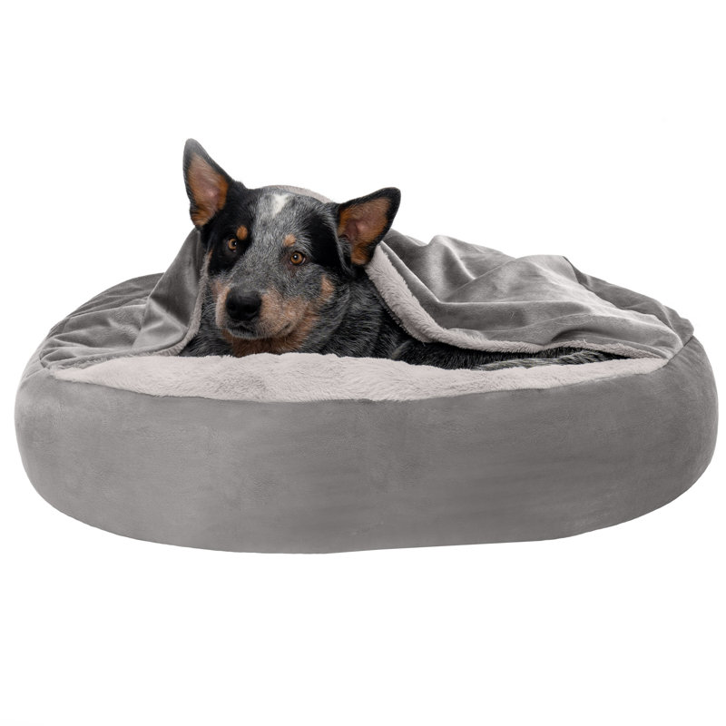 Velvet Wave Fur Hooded Donut Dog Bed, Medium (27" W x 27" D x 8.5" H), Dark Gray