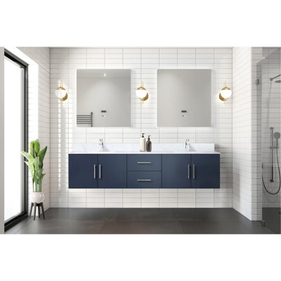 80 po Meuble-lavabo double bleu marine avec 30 miroirs à DEL - rangement spacieux et armoire élégante