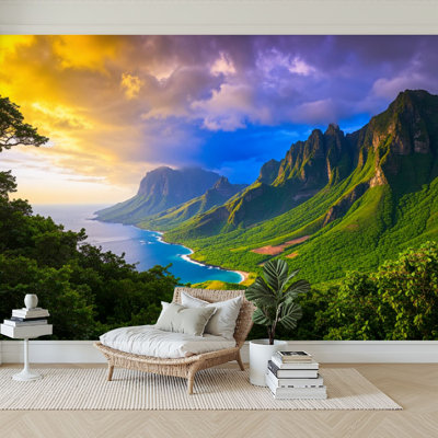 3D Wallpaper Green Hawaii Islands Sunset Mountain Landscape Wall Mural Self Adhesive Peel and Stick Wallpaper for Bedroom Living Room Dormitory Home Decor Wall Ceiling Wardrobe Sticker