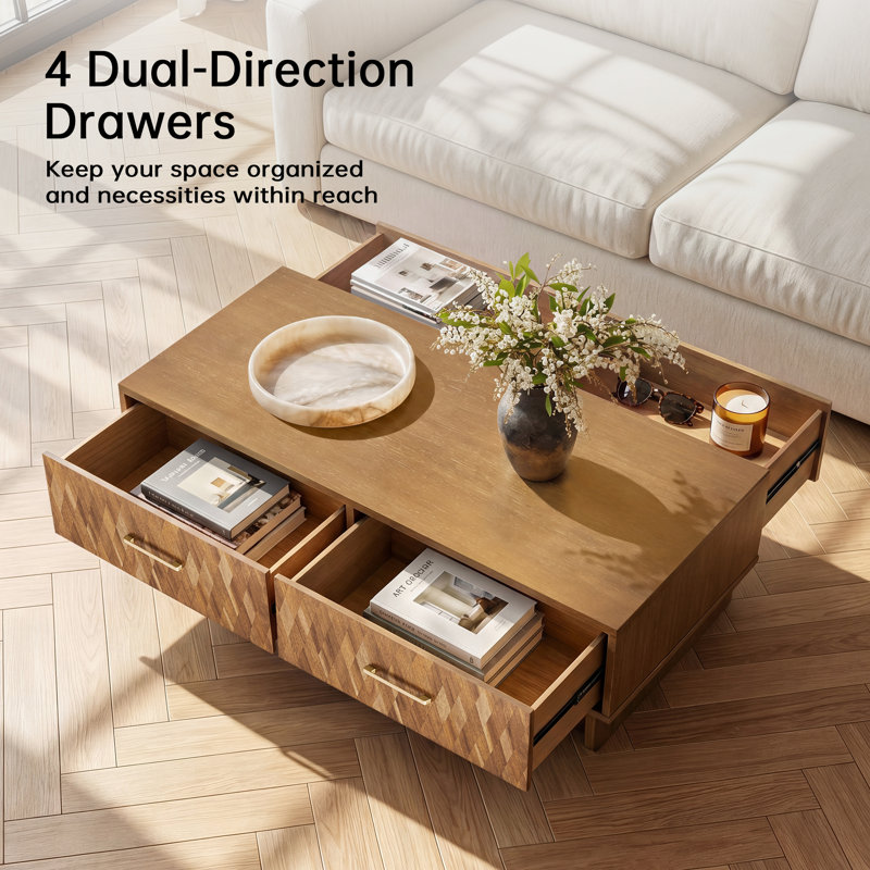 56'' Coffee Table with 4 Storage Drawers, Rectangular Rubberwood Center Table, Geometric Wood Inlay and Brass Handles for Living Room 