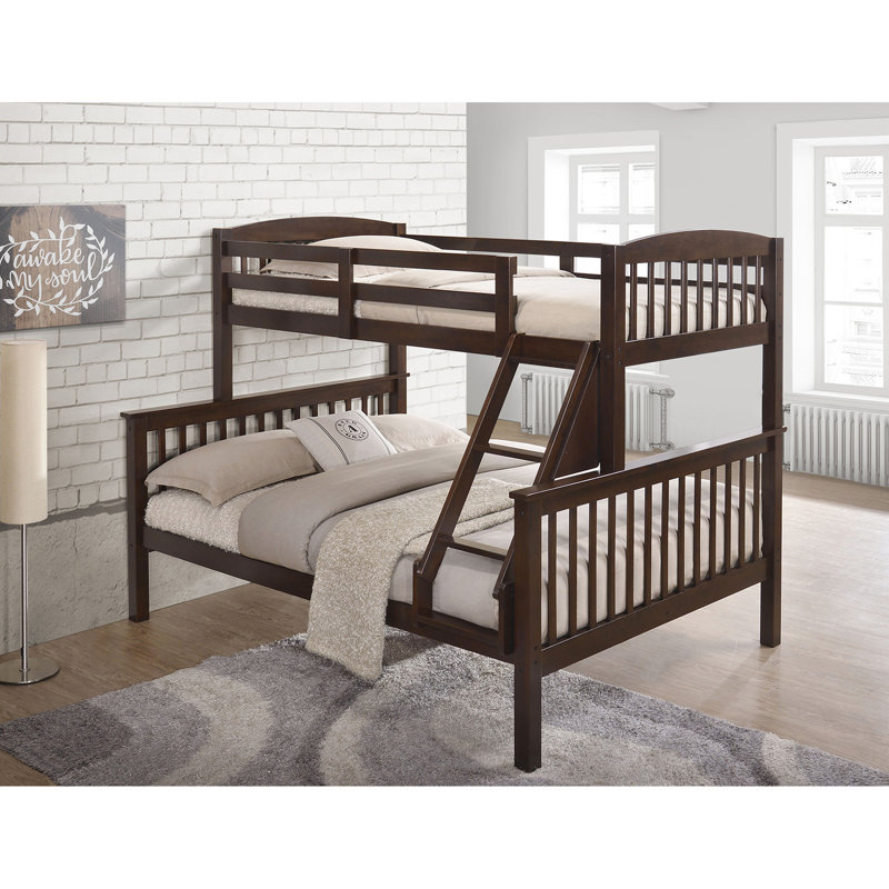 Lit double à finition cerisier avec style transitionnel, bois massif, accès frontal et conception à lattes, 68 pouces de hauteur, 81 de profondeur au-dessus du lit superposé, angle de 118,4 lb