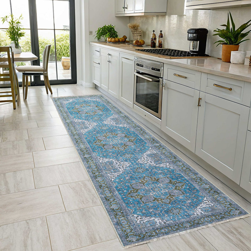 Chenille en coton bleu antidérapant Kilim, Carré 4 pi
