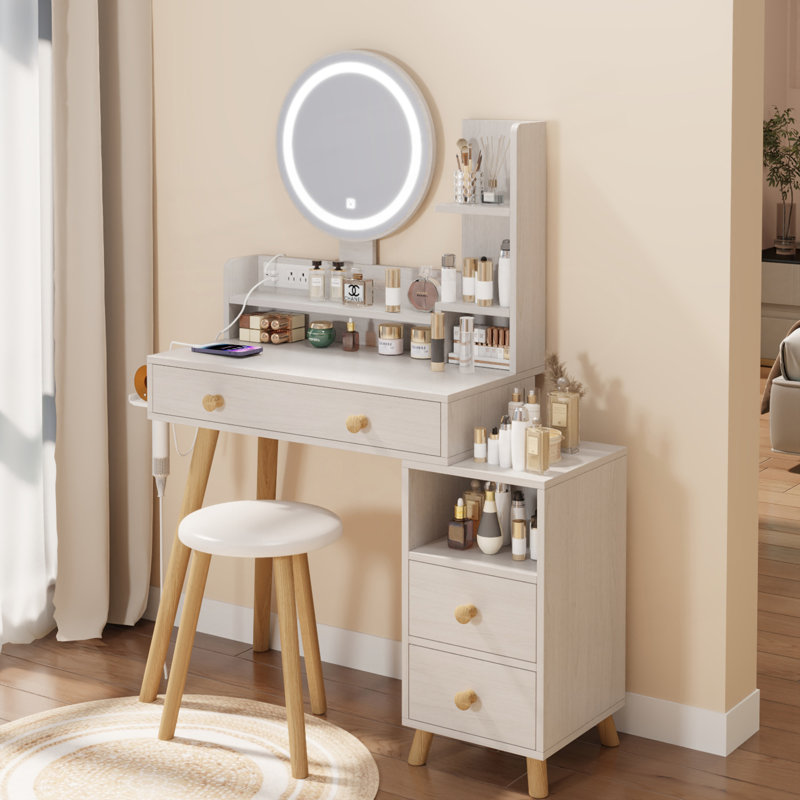 Table de coiffeuse avec miroir rond à DEL et tabouret rembourré, meuble-lavabo de chambre