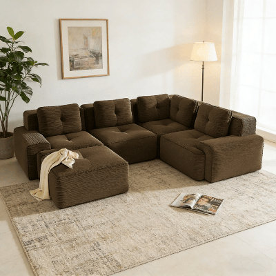 Canapé modulaire modulaire en velours côtelé 4 places - Siège profond en forme de V avec repose-pieds avec support à compression, conception capitonnée, sans assemblage