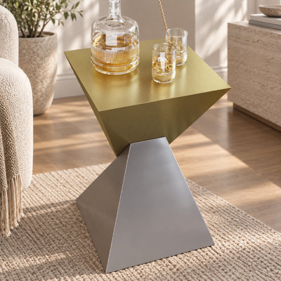 Table d'appoint moderne et abstraite en acier inoxydable doré et gris pour le salon