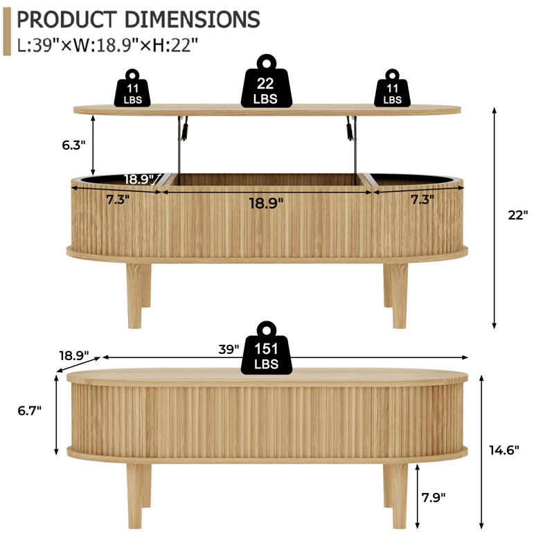 39" Fluted Lift Top Coffee Table, Natural