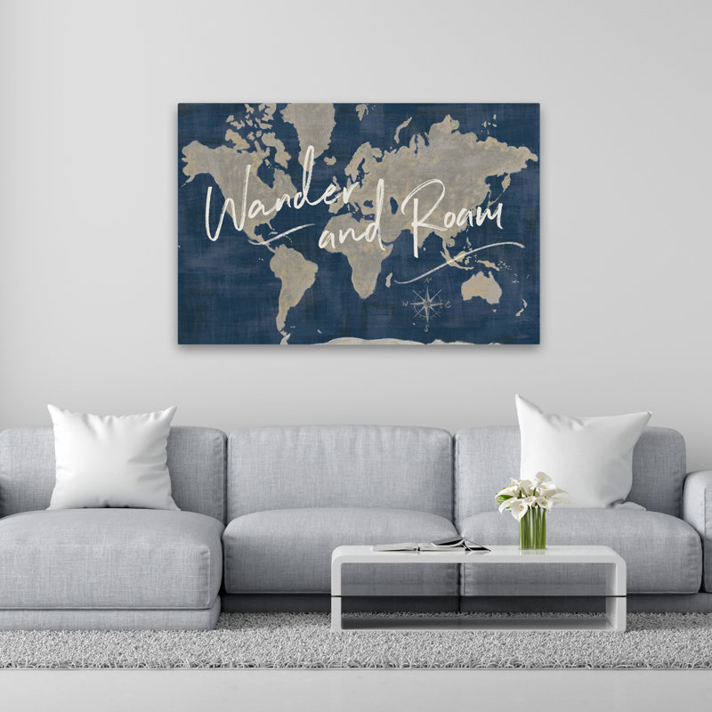 World Map Collage Deep Wander contemporain bleu gris blanc beige Compas, H 60 po x l 40 po