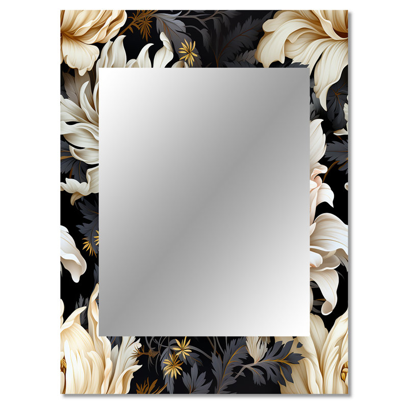 Golden Beige And Black Flowers Elegance - Glam Mirror Wall Decor, 40" x 30"