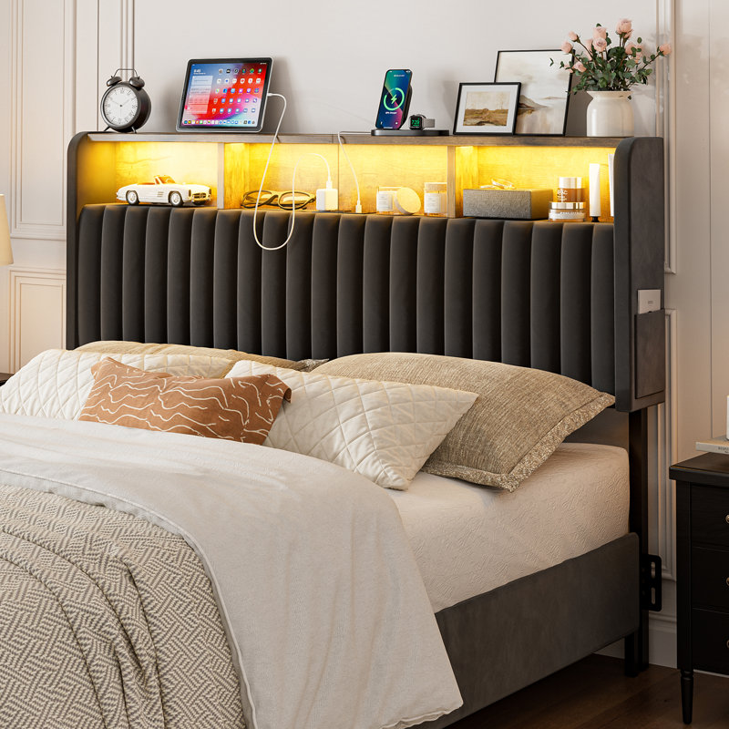  Full Size Headboard Only With Storage, Adjustable Height, Velvet Upholstered Head Board With Led Lights & Charging Station, Modern Freestanding Headboard, Easy Assembly, Black