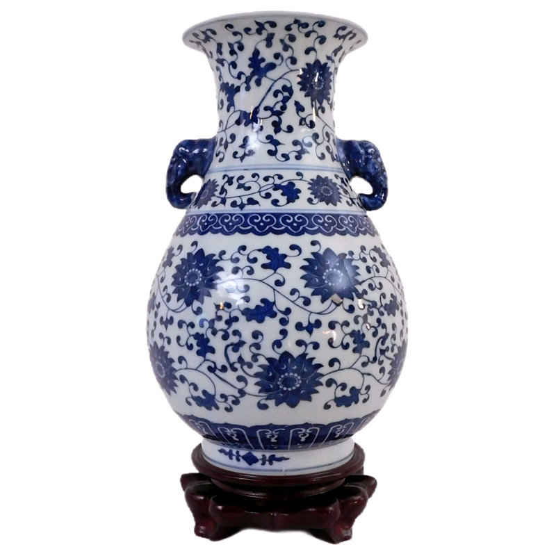  Daisy Chain Chinese Elephant Handle Vase of Jingdezhen 13"H