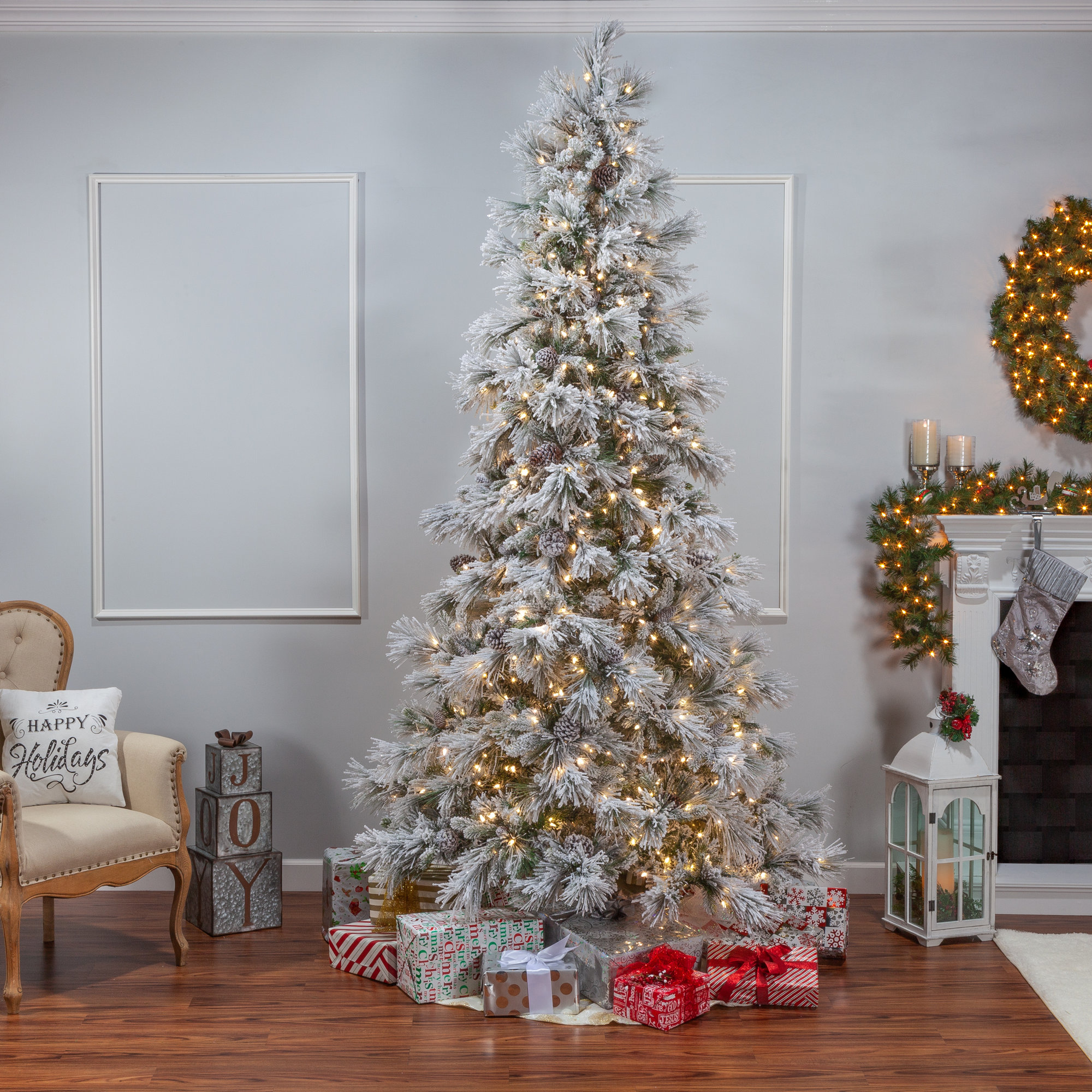 Stunning Lightly Flocked Snowbell Pine With Twinkling Led Lights, 9' H