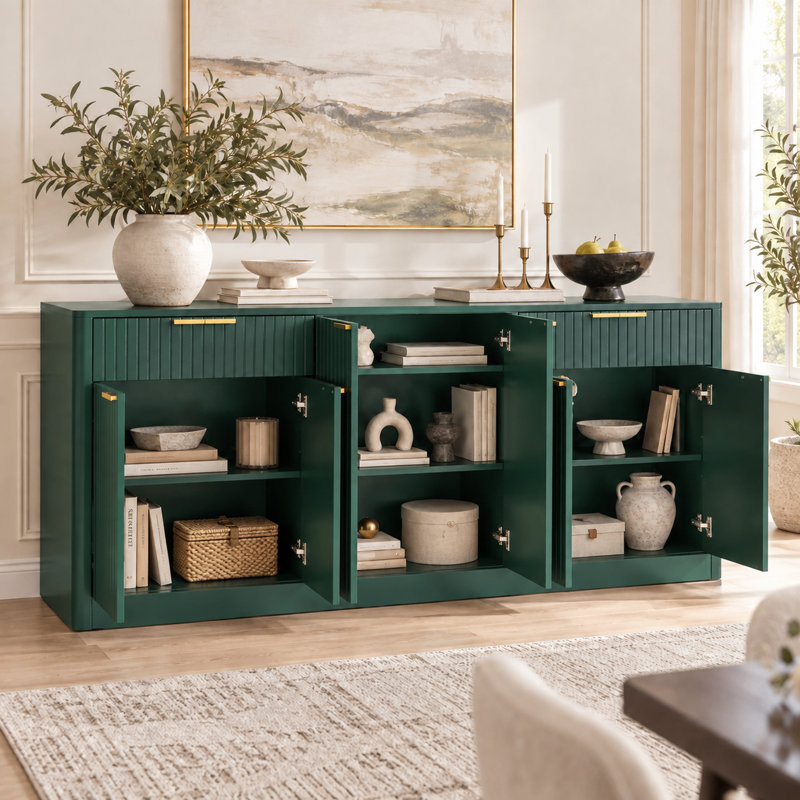 Buffet contemporain luxueux à panneaux cannelés et compartiments spacieux, aux angles arrondis, idéal pour la salle à manger, le salon, l'entrée ou l'espace de divertissement.