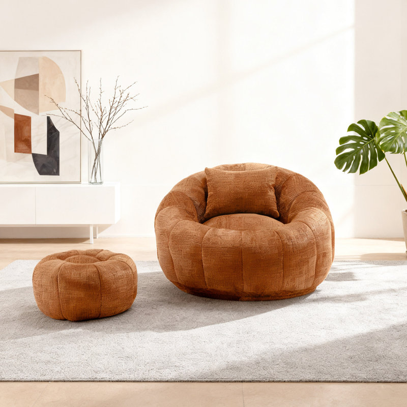 Fauteuil à billes en chenille moderne avec repose-pieds assorti, Chenille orange