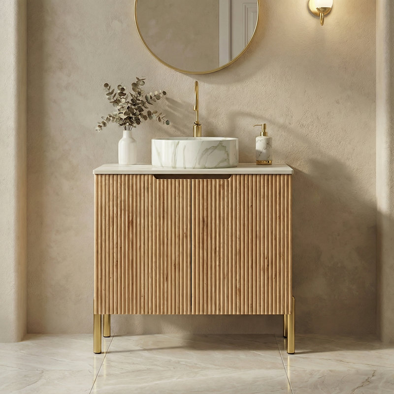 30" Warm Modern Bathroom Vanity with Fluted Doors, Sintered Stone Countertop, Multiple Vessel Sink Options & Soft-Close Storage